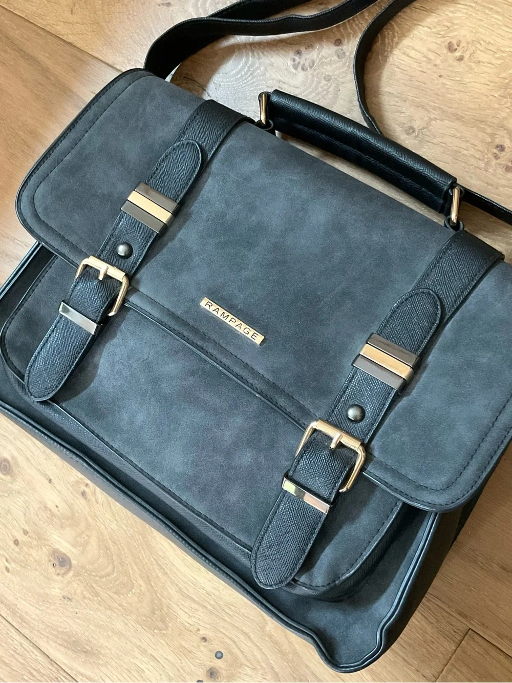 Rampage Retro Black Faux Leather Suede Satchel Messenger Crossbody Bag Laptop
